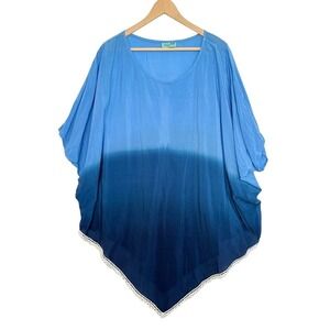 100% Silk Letarte Ocean Blue Ombre Hand Dyed Kaftan Small Beach Pool Resort